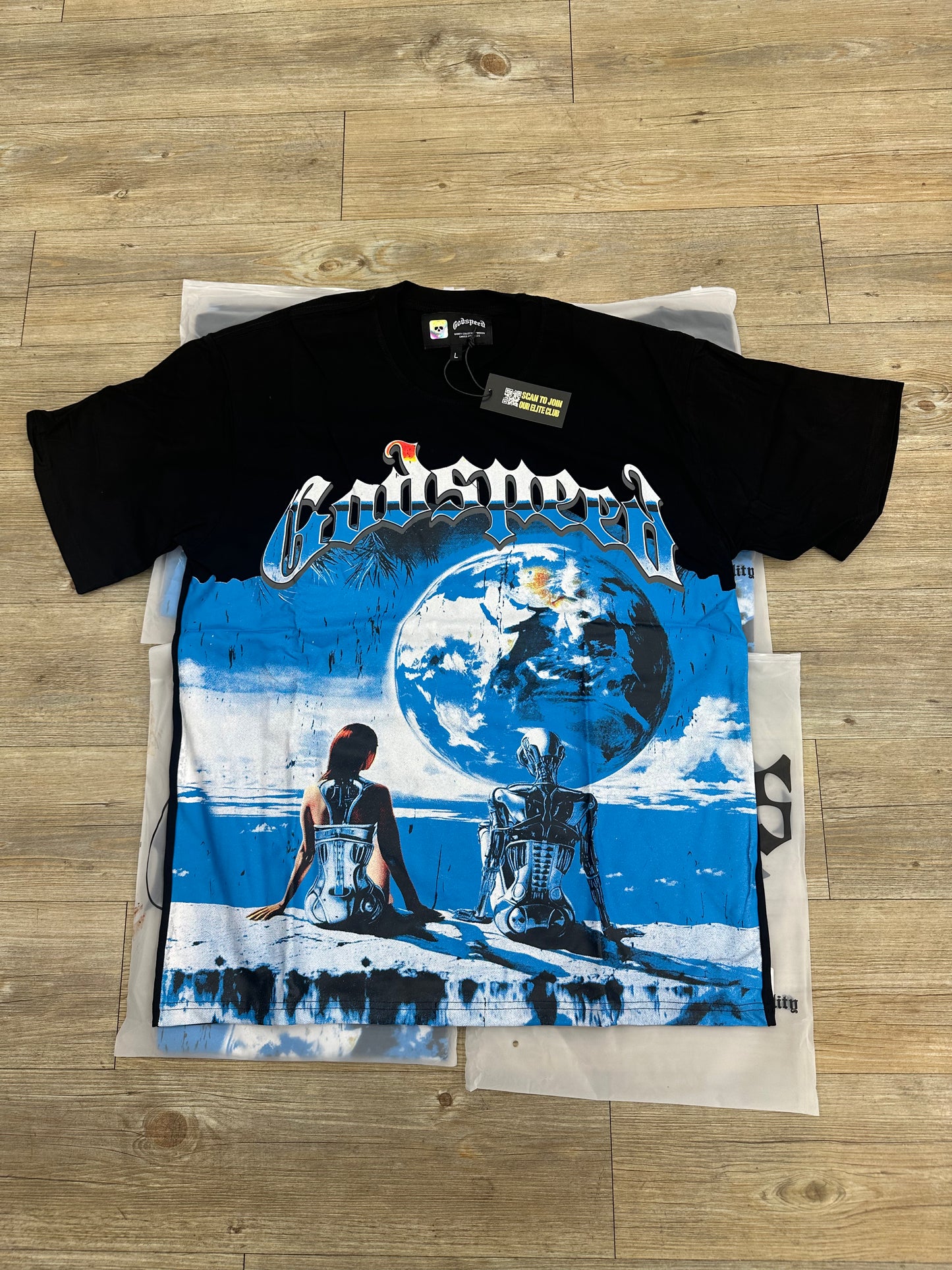 God speed black lady and robot looking at the earth tee