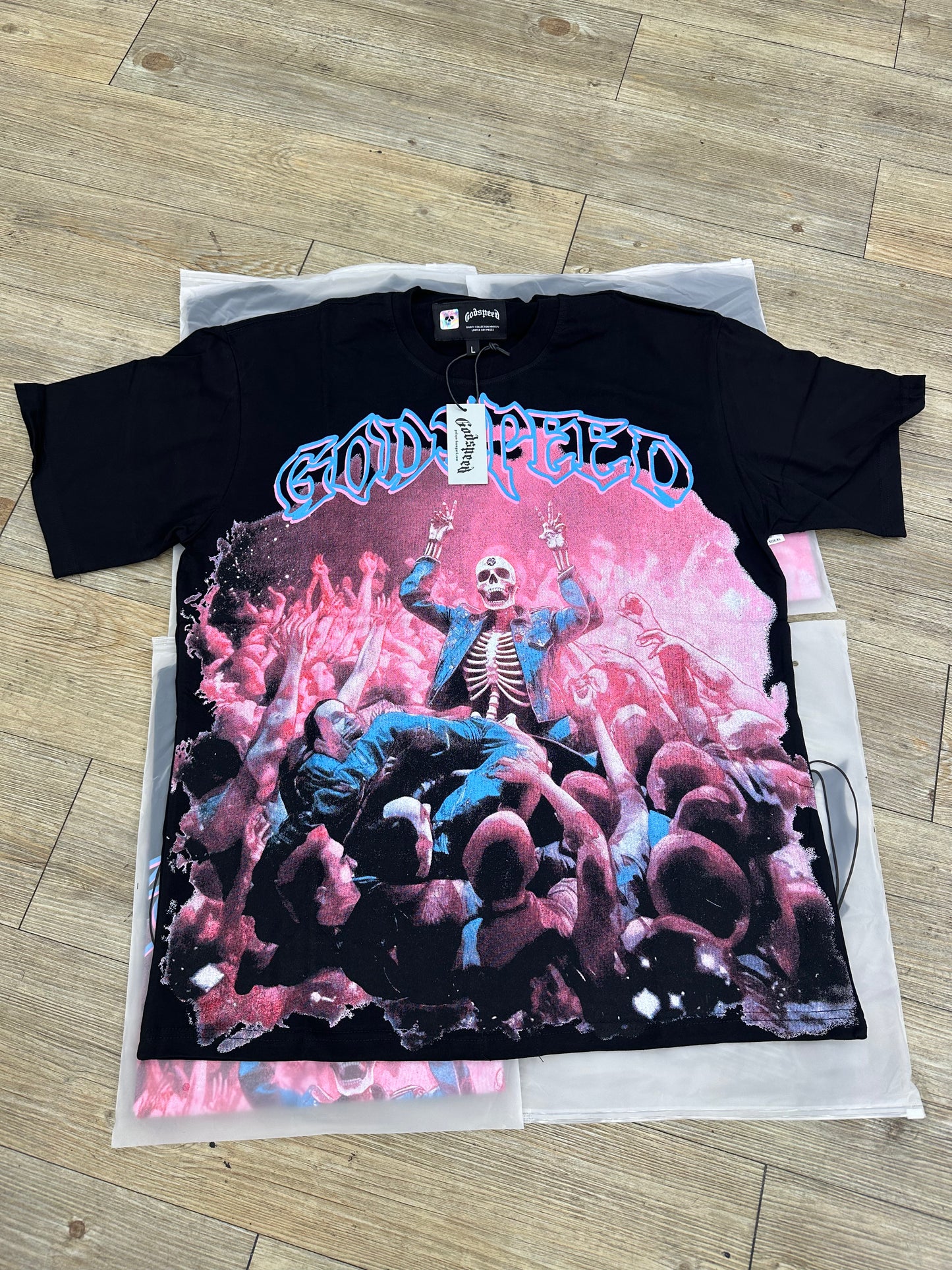 God speed black Skeleton crowd surfing tee