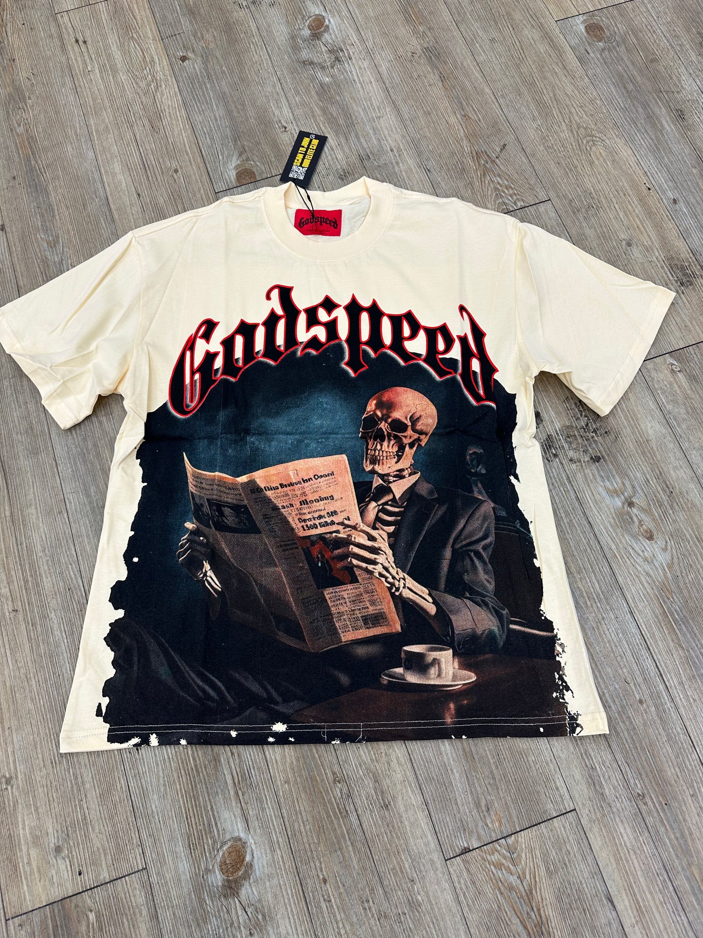 Godspeed cream skeleton newspaper tee