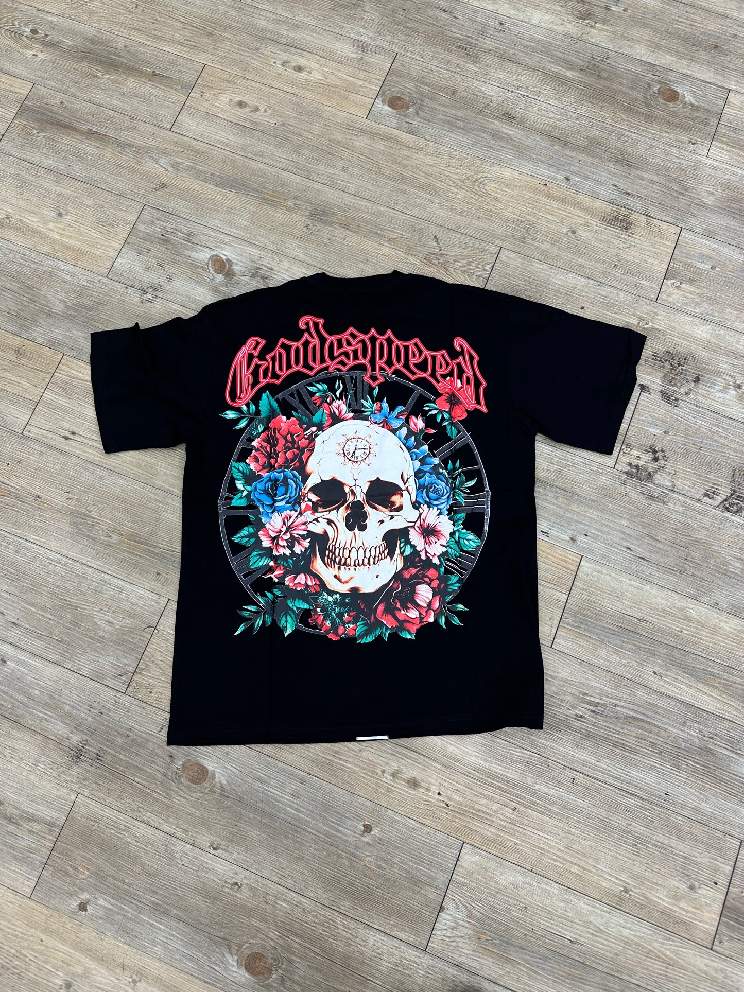 God speed black skull clock flower tee
