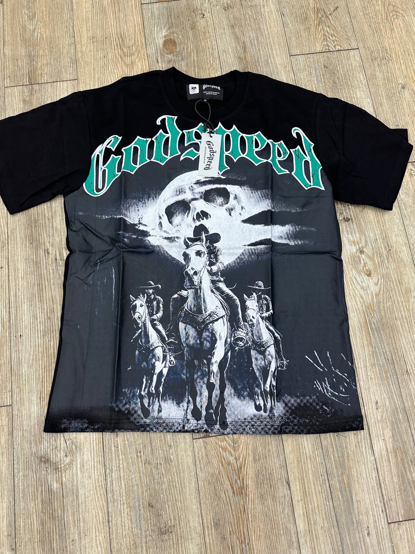 God speed black skeleton horse tee