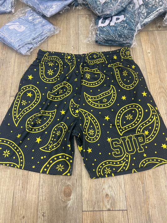 Sup black and yellow bandana shorts