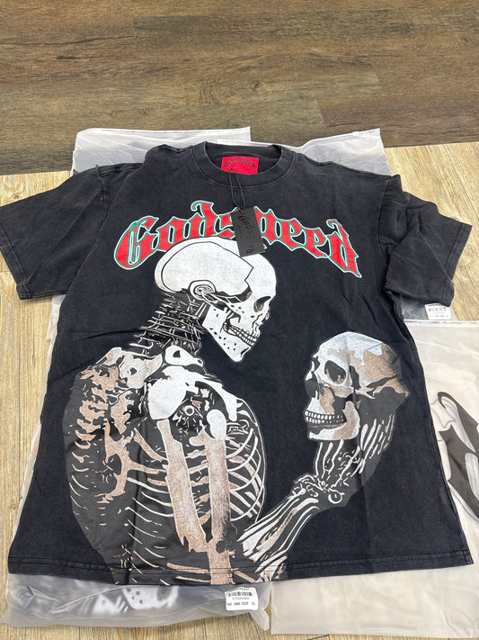 God speed black skeleton looking at skull tee