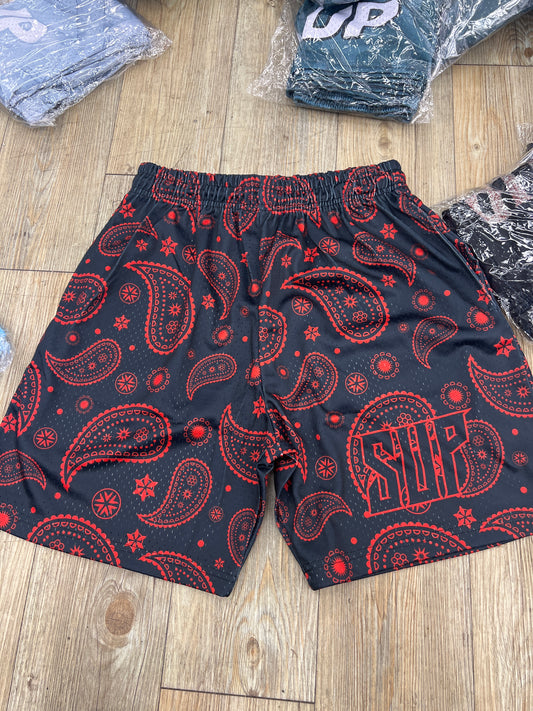 Sup black and red bandanna shorts
