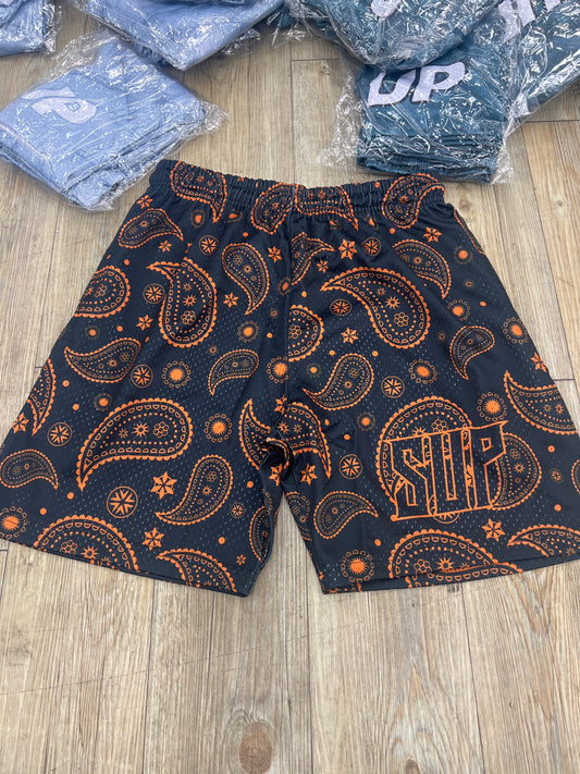 Sup black and orange bandanna shorts