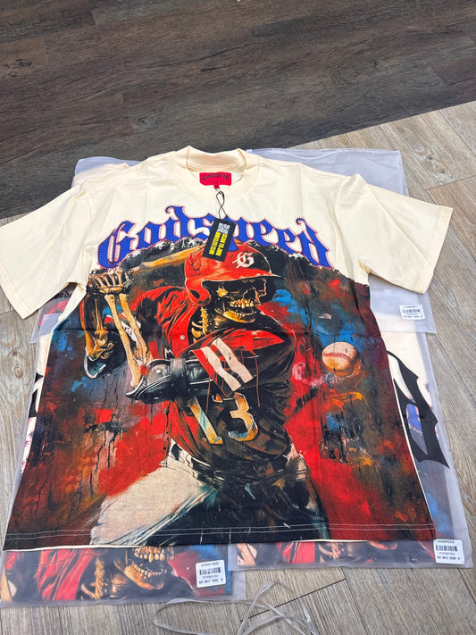 God speed cream baseball red skeleton tee