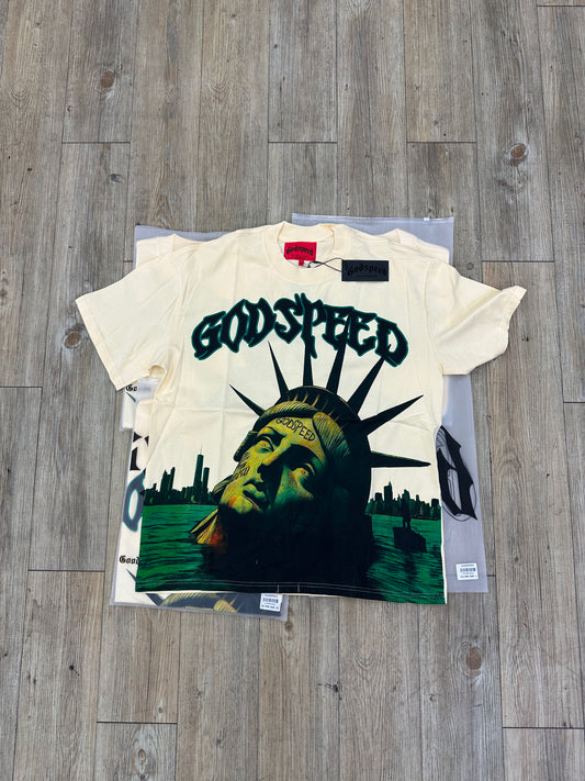 God speed cream sinking Statue of Liberty tee