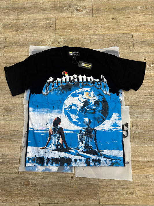God speed black lady and robot looking at the earth tee