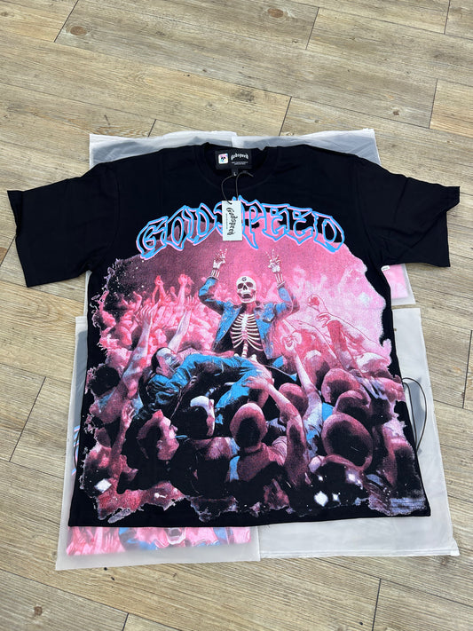 God speed black Skeleton crowd surfing tee