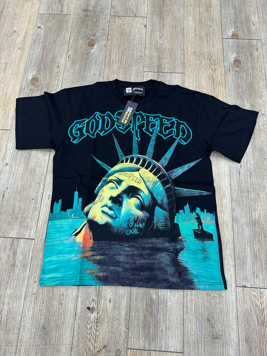 God speed black sinking statue of liberty