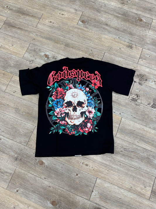 God speed black skull clock flower tee