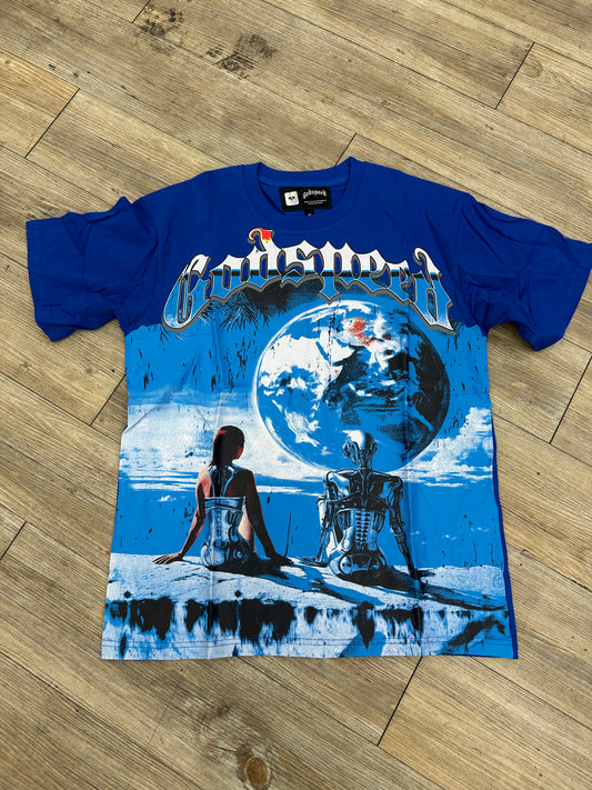 God speed blue lady and robot starring at earth tee