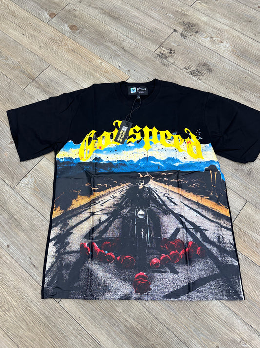 God speed black skeleton motorcycle rose tee