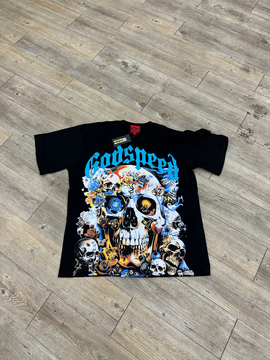 God speed black skulls and flowers tee