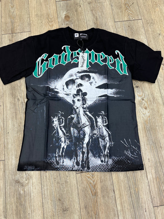 God speed black skeleton horse tee