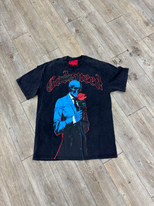God speed black suit and tie skeleton tee