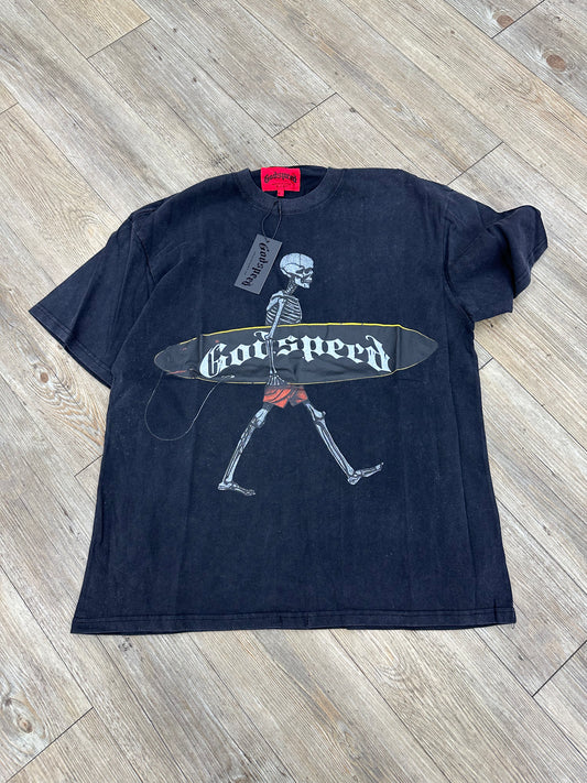 God speed black skeleton surfer tee