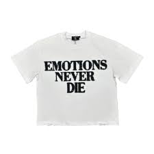 Mixed Emotion white rhinestone “emotion never dies” tee